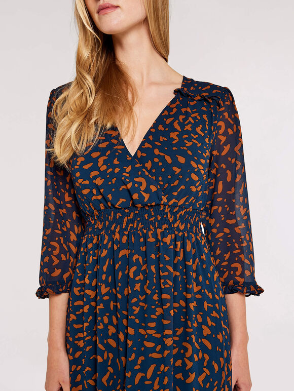 Animal Shirred Waist Dress, Navy, large