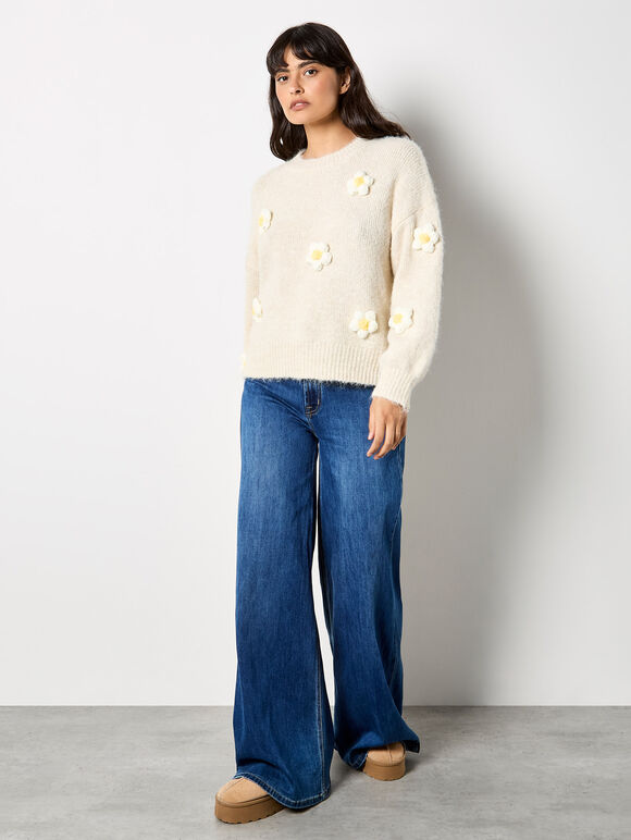 3D Daisy Embellished Oversized Jumper, Stone, large