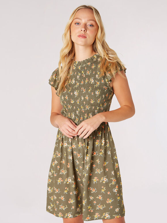 Gesmoktes Minikleid mit Blumenstrauß, Khaki, Größe L