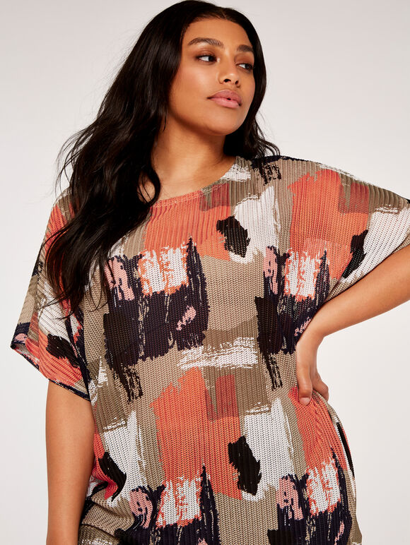Curve Paintsplash Mesh Oversized Top, Coral, large