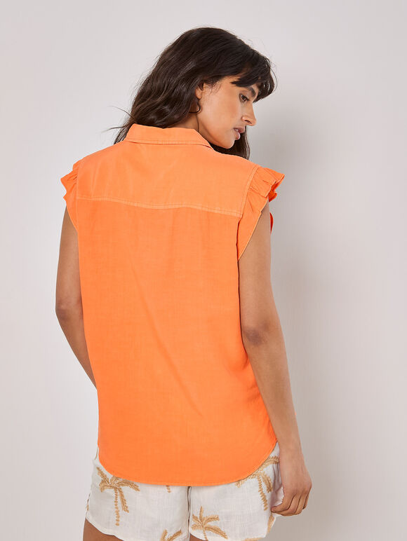 Ruffle Sleeve Soft Slub Blouse, Coral, large