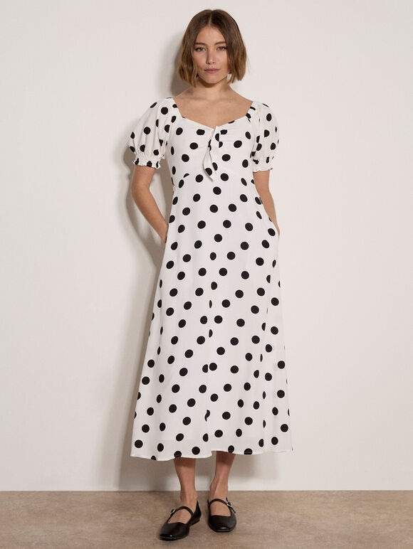 Polka Dot Bow Detail Midi Dress, White, large