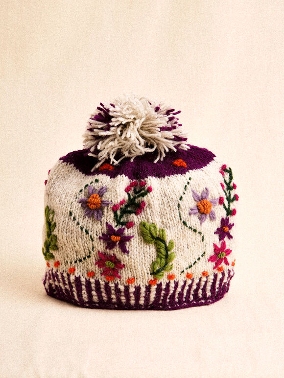 Hand-Knitted Floral Embroidered Beanie Hat, Grey, large