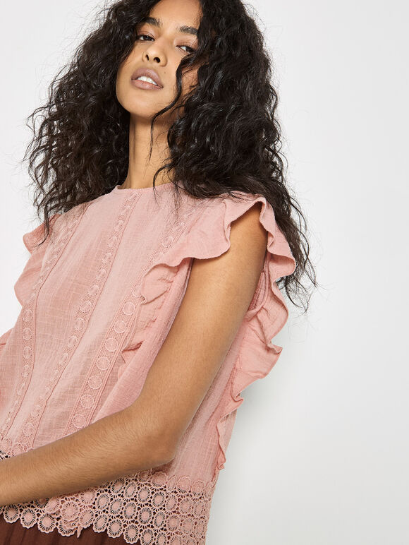 Ruffle Embroidered Cotton Top, Pink, large