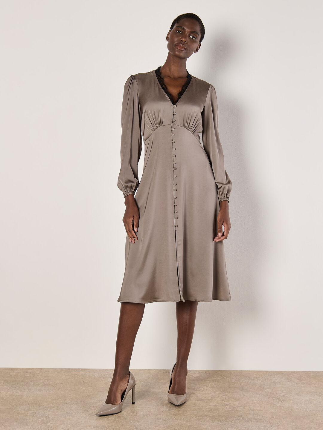 Lace Trim Satin Midi Dress