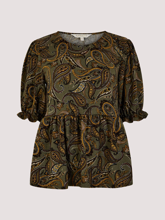 Paisley Billow Sleeve Top, Khaki, large
