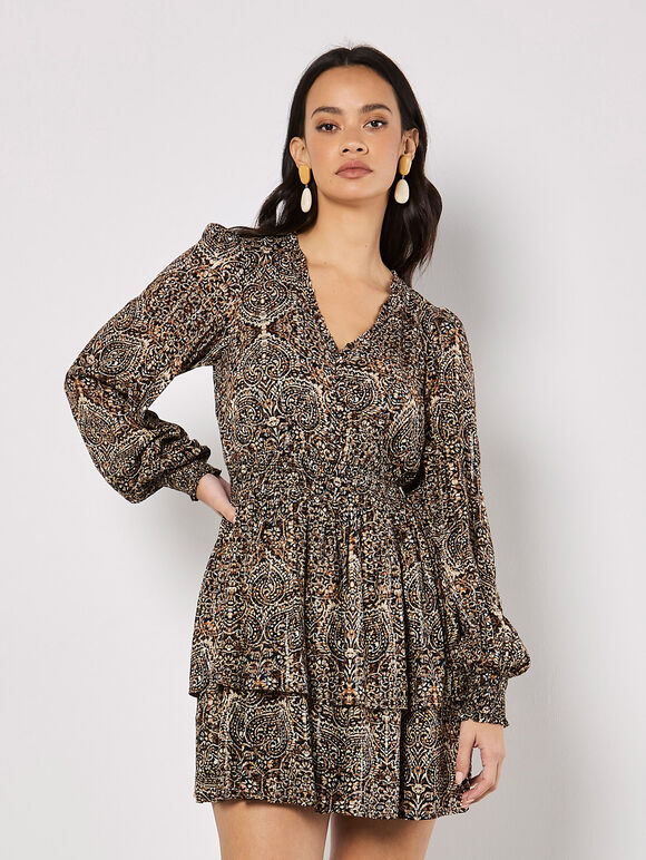 Batik Print Tiered Mini Dress, Rust, large