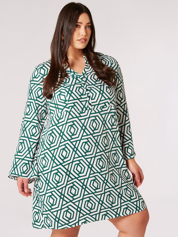Curve Retro Geo Mini Dress, Green, large