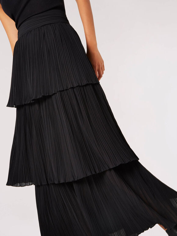 Plisse Cotton Tiered Maxi Skirt, Black, large