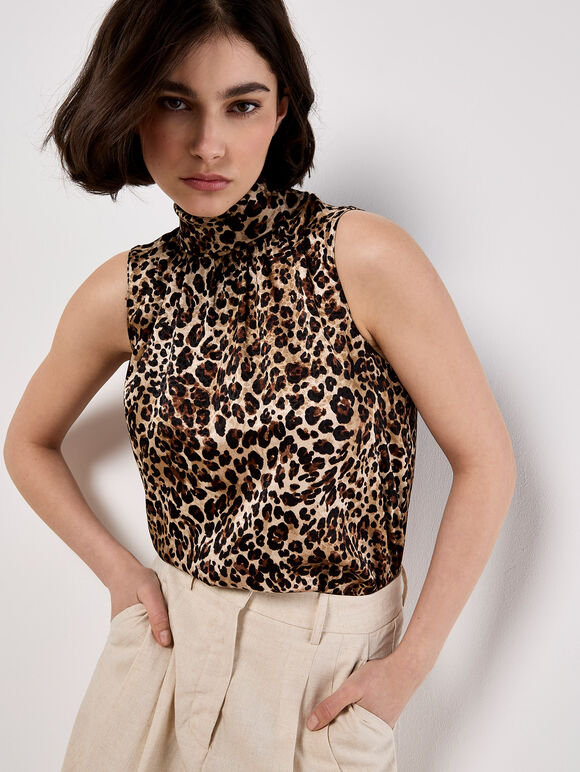 Textured Satin Leopard Print Top, Stone, large