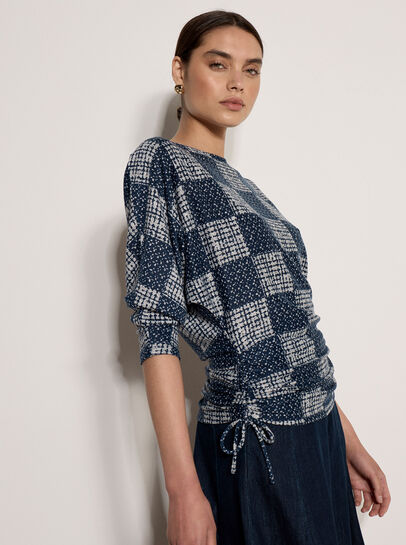Textured Check Ruched Batwing Top