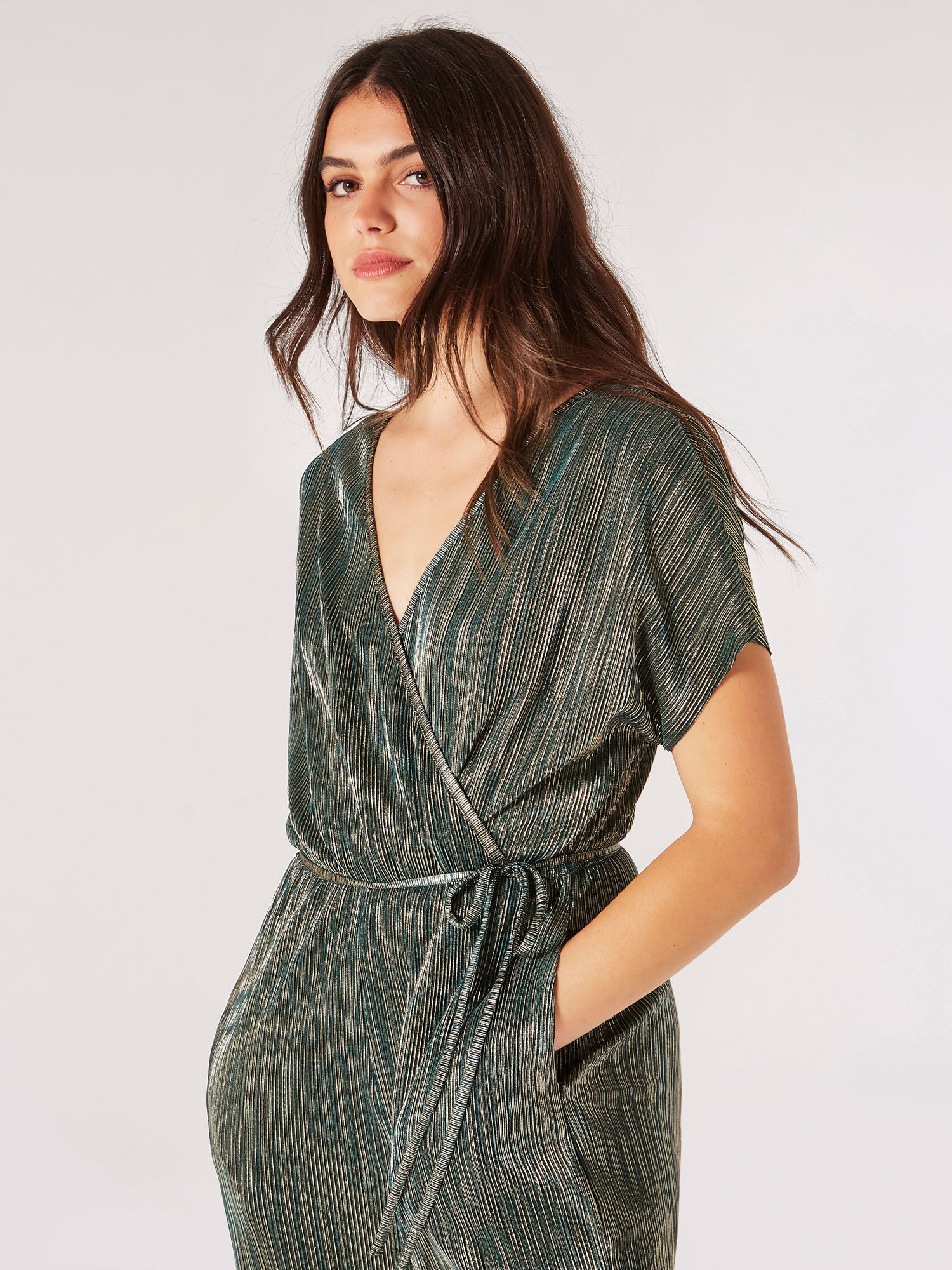 Metallic Plisse Wrap Jumpsuit Apricot Clothing