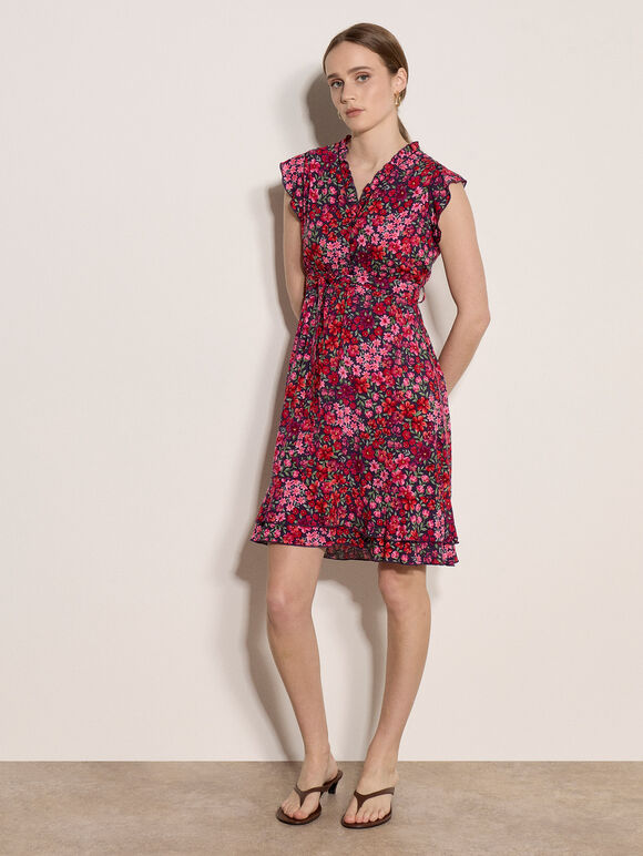 Ruffle Floral Patchwork Mini Dress, Purple, large