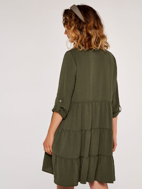 Tiered Swing Shirt Dress, Khaki, large