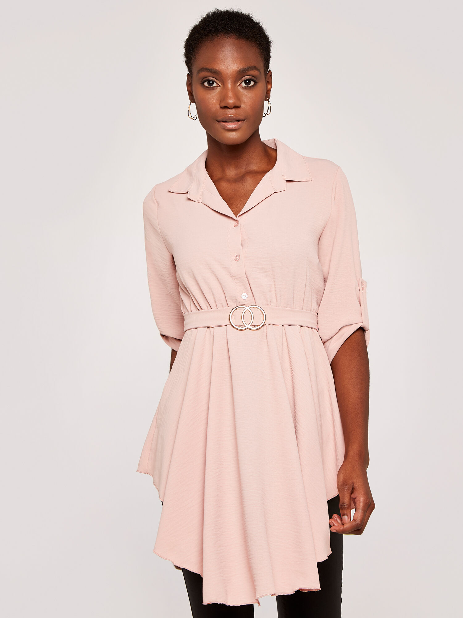 Belted Shirt Dress Apricot Clothing