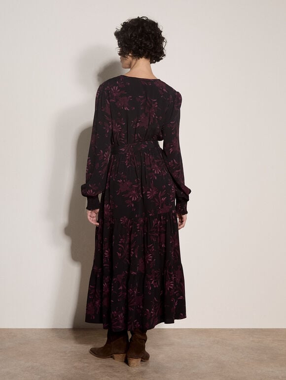 Floral Crepe Midi Dress, Burgundy, large