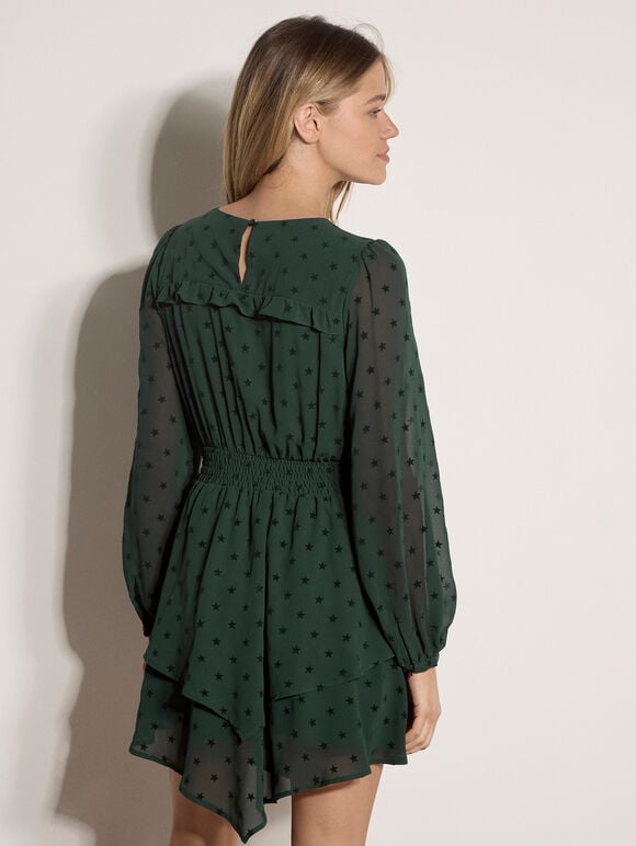 Crepe Velvet Star Tiered Mini Dress, Green, large