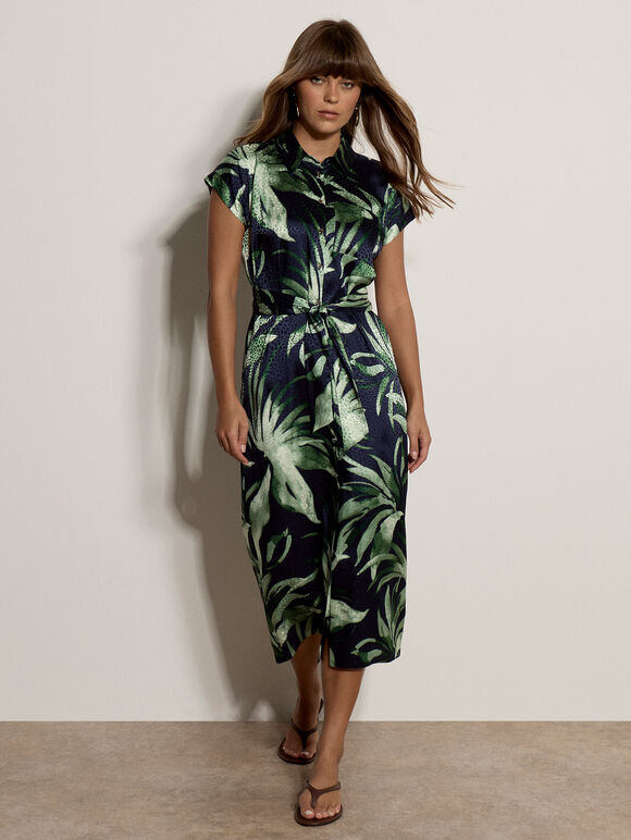 Tropical Leaf Satin Shirt Midi Dress, Navy, large