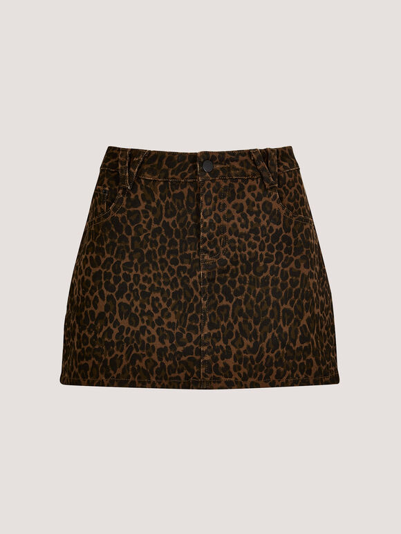 Leopard Print Denim Mini Skort, Brown, large