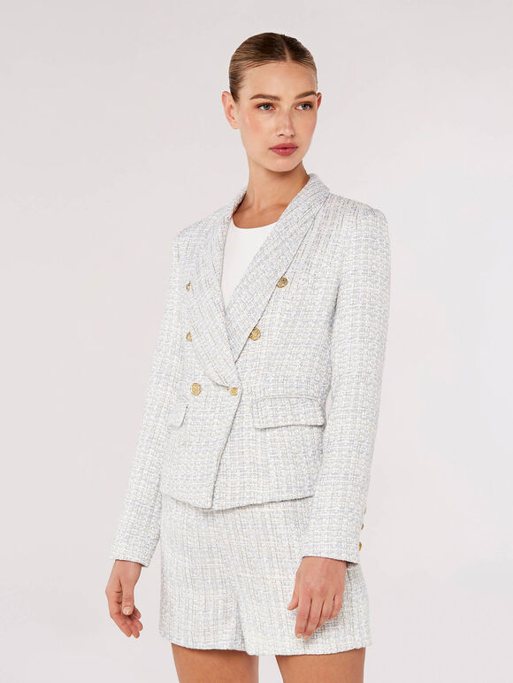 Tweed Cropped Blazer, Blue, large