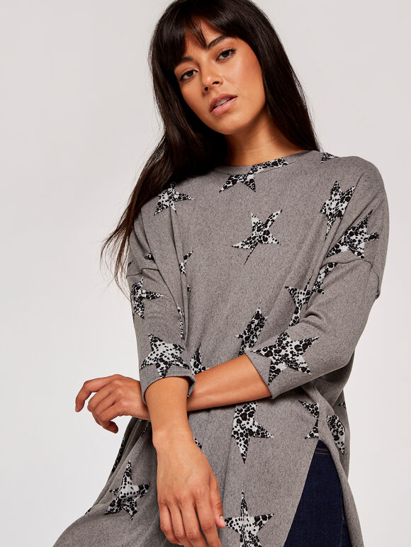 Leopard Star Print Curve Hem Top, Grey, large