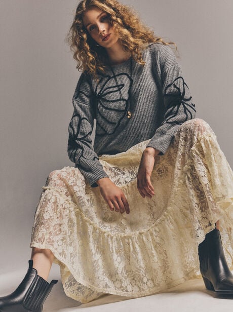 Floral Lace Tiered Midi Skirt