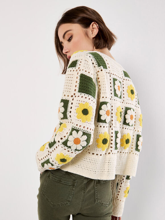 Patchwork Daisy Crochet Cardigan, Yellow, large