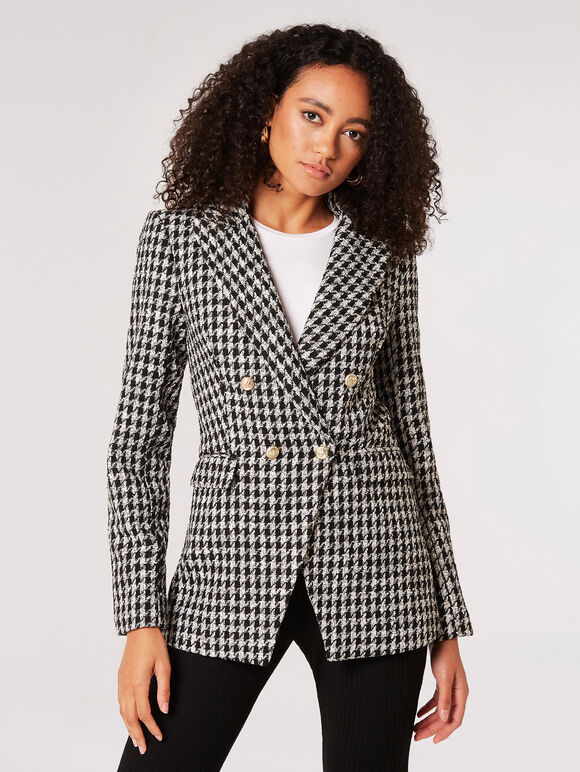 Dogtooth Tweed Blazer, Black, large