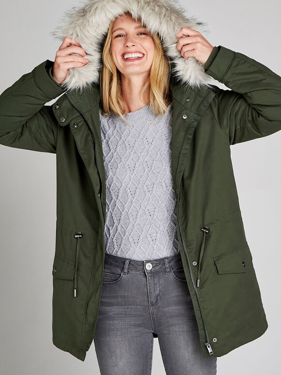 Removable Padding Faux Fur Hood Coat, Khaki, large