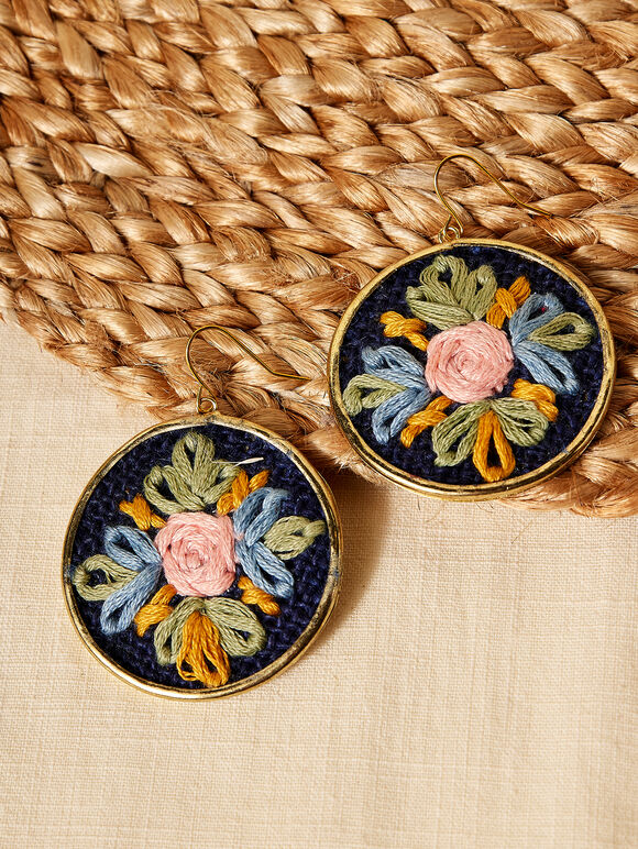 Hand Embroidered Rose Earrings, Navy, large