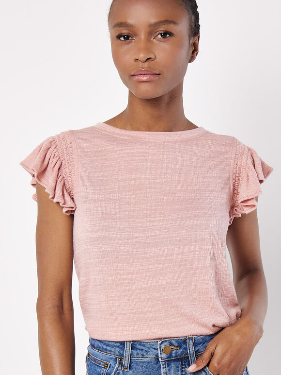Soft Slub Ruffle Sleeve T-Shirt, Pink, large