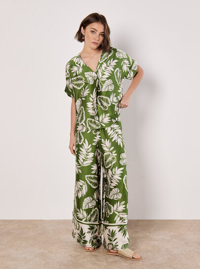 Tropical Leaf Print Satin Wide Leg Trousers