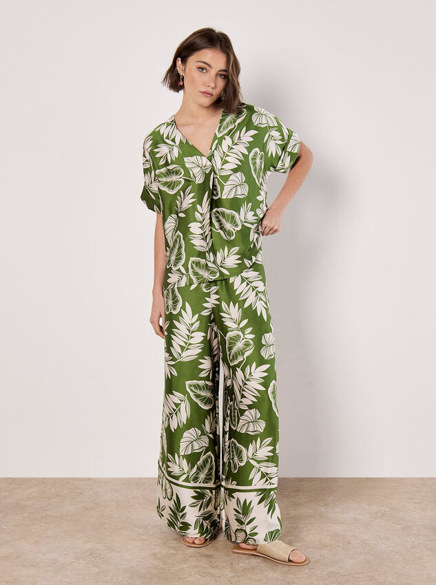 Tropical Leaf Print Satin Wide Leg Trousers, Green, large