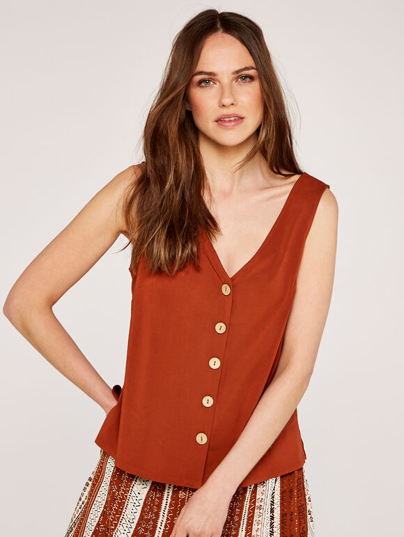 V Neck Button Down Vest Top, Rust, large