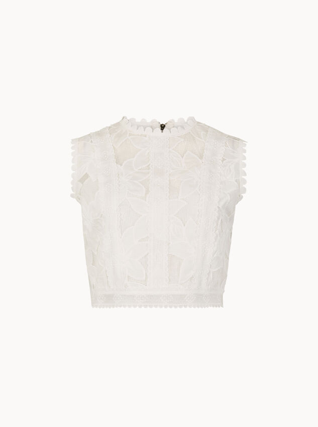 Floral Mesh Lace Crop Top, White, large