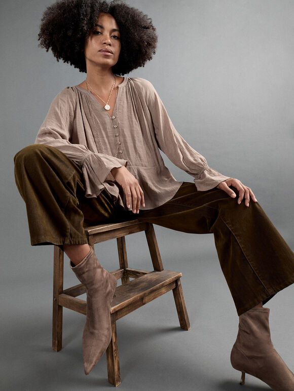 Flora Velvet Denim Wide-Leg Jeans, Brown, large