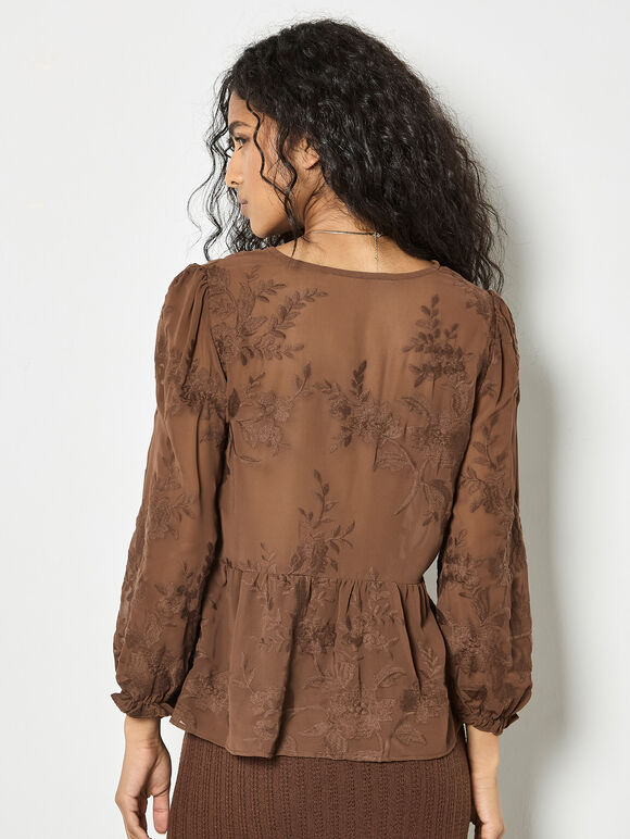 Embroidered Floral Chiffon Top, Brown, large