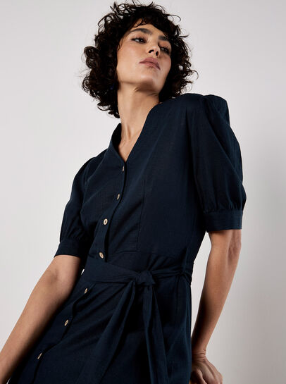 Button Down Linen Blend Midi Dress