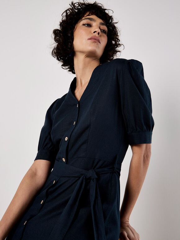 Button Down Linen Blend Midi Dress, Navy, large