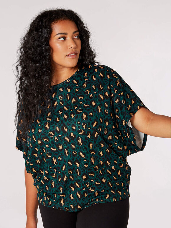 Curve Brushed Cheetah Batwing Top, Green, large