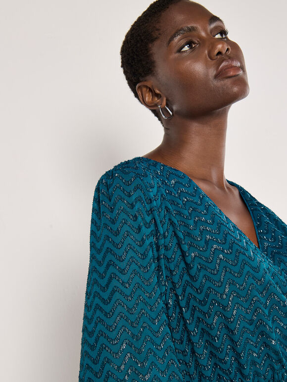 Chevron Shimmer Wrap Mini Dress, Teal, large