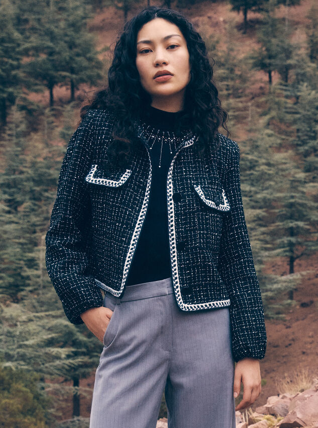 Tweed Cropped Jacket, Black, large