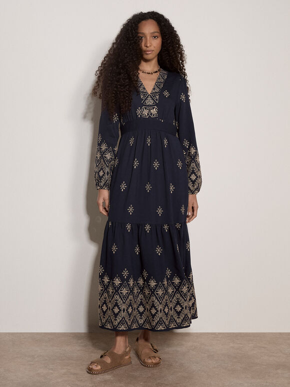 Boho Embroidered Maxi Dress, Navy, large