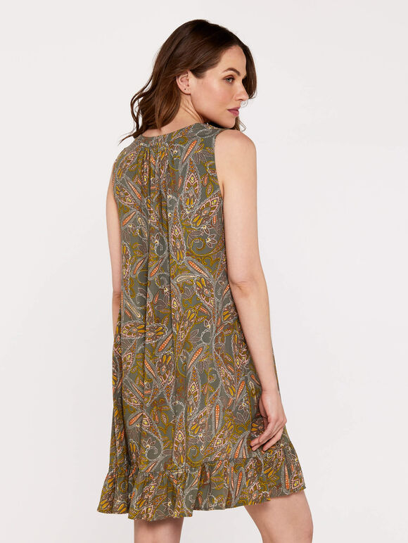 Paisley V Neck Ruffle Trim Dress, Khaki, large