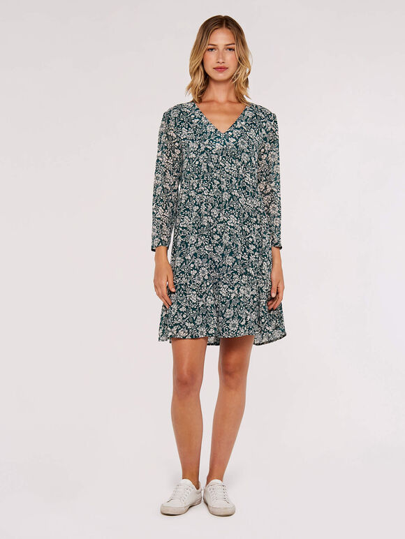 Floral Babydoll Mini Dress, Green, large