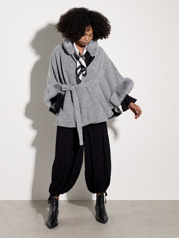 Faux Fur Trim Tweed Cape, Grey, large