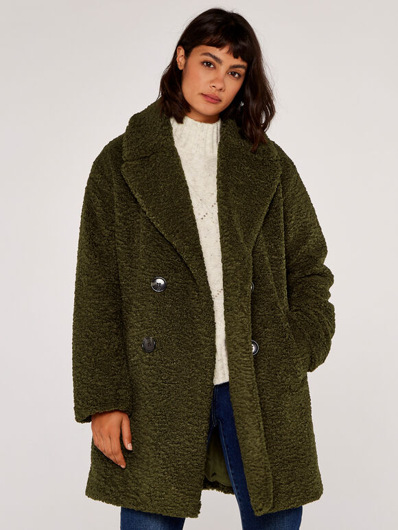 Double Breasted Borg Coat, Khaki, large