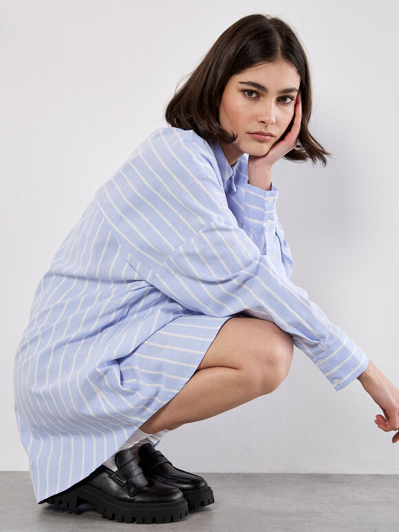 Stripe Oversized Shirt Mini Dress, Blue, large