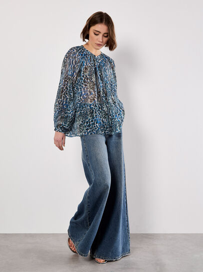 Patchwork Feather Print Chiffon Top