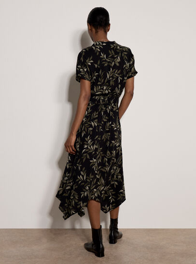 Leaf Print Hanky Hem Midi Dress